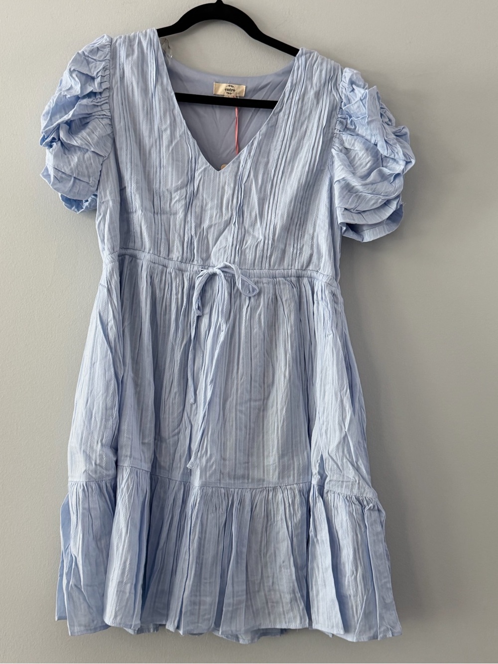 Entro Light Blue Puff-Sleeve mini Dress with Waist Tie